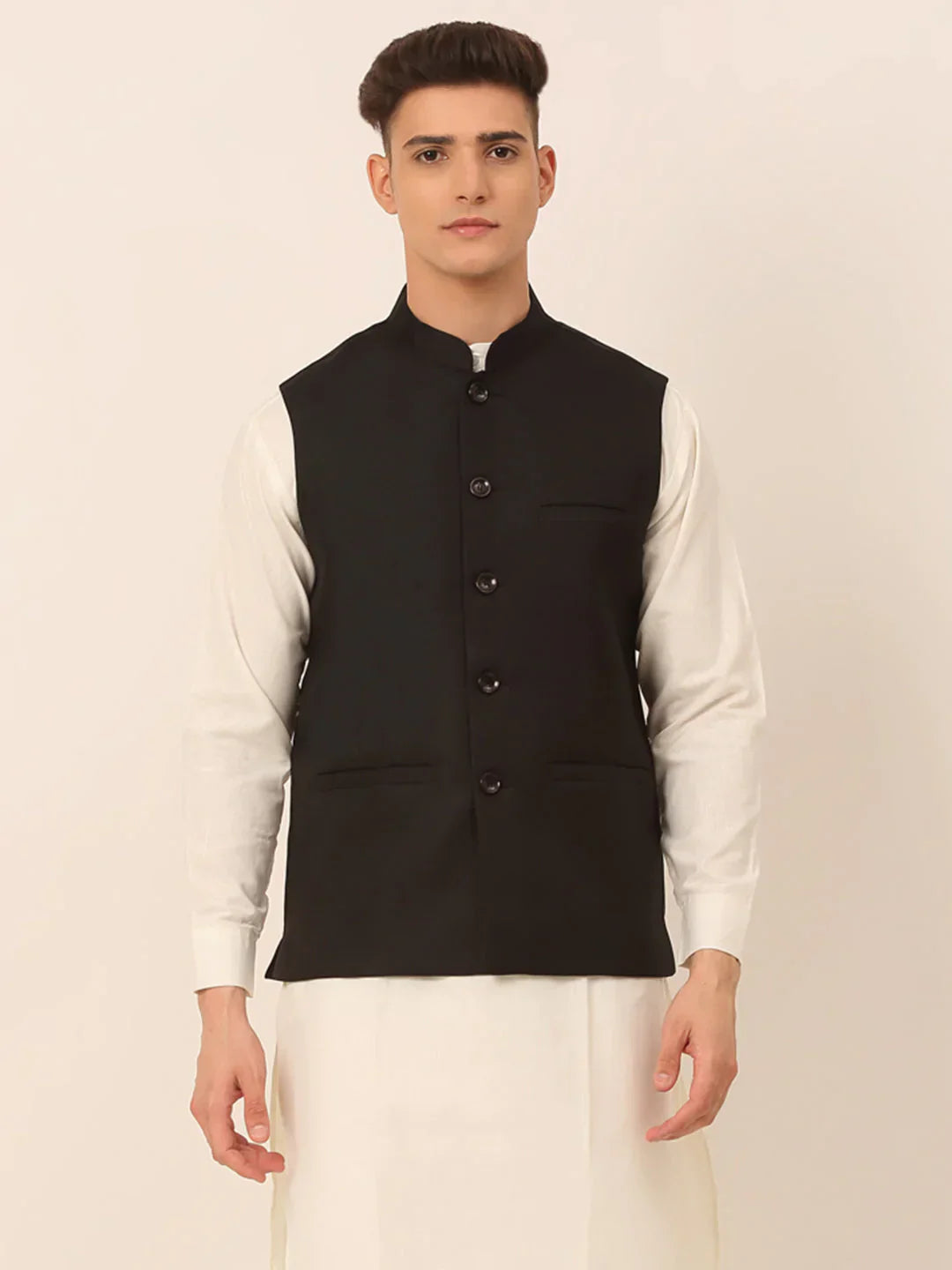 Jompers Men's Black Solid Woven Sleeveless Nehru Jackets