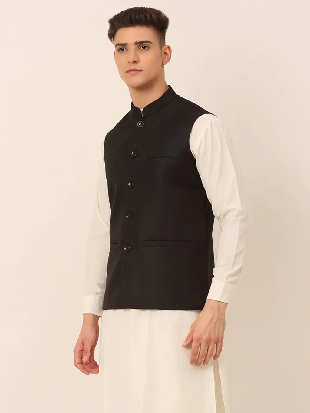 Jompers Men's Black Solid Woven Sleeveless Nehru Jackets