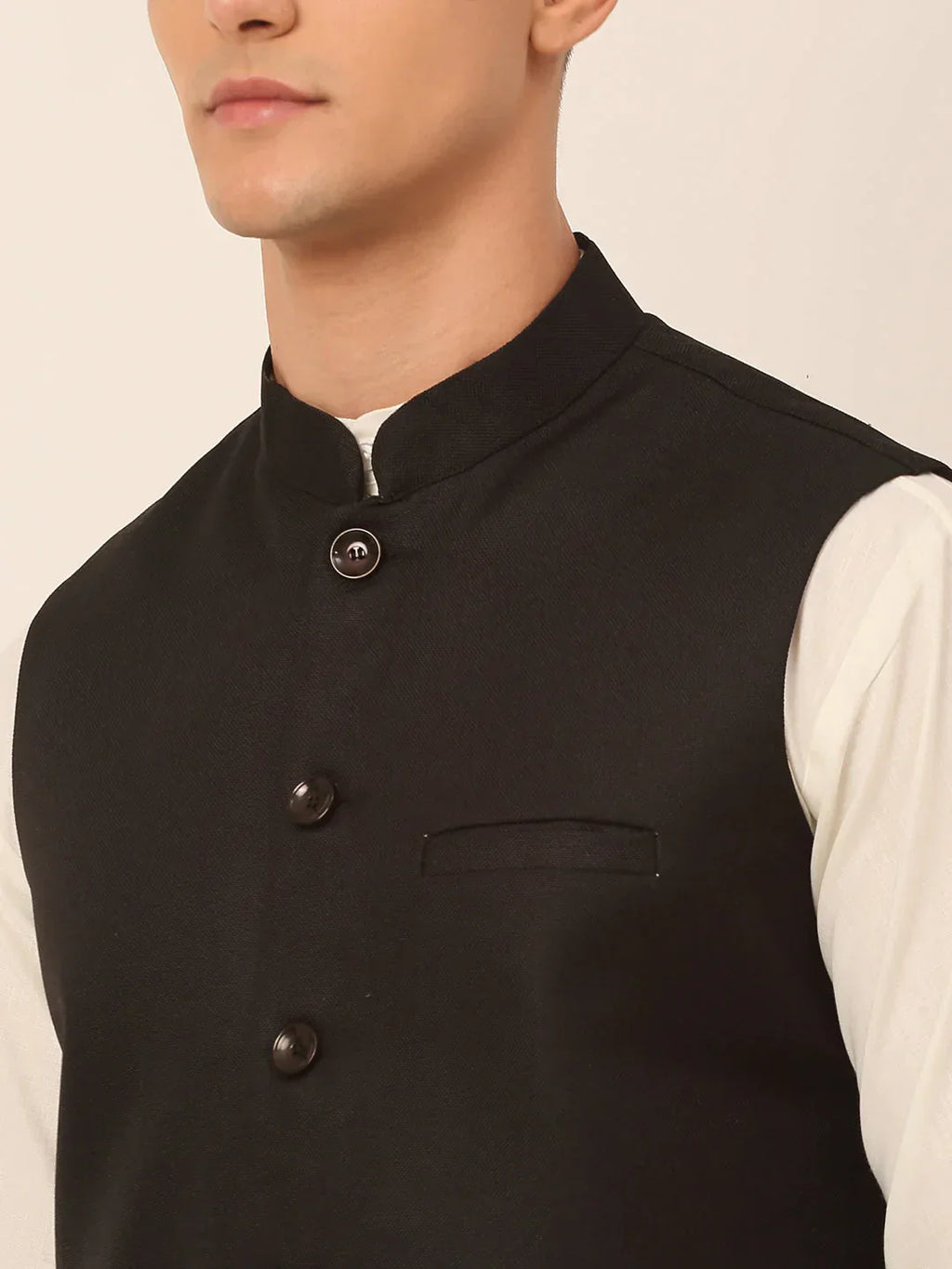 Jompers Men's Black Solid Woven Sleeveless Nehru Jackets