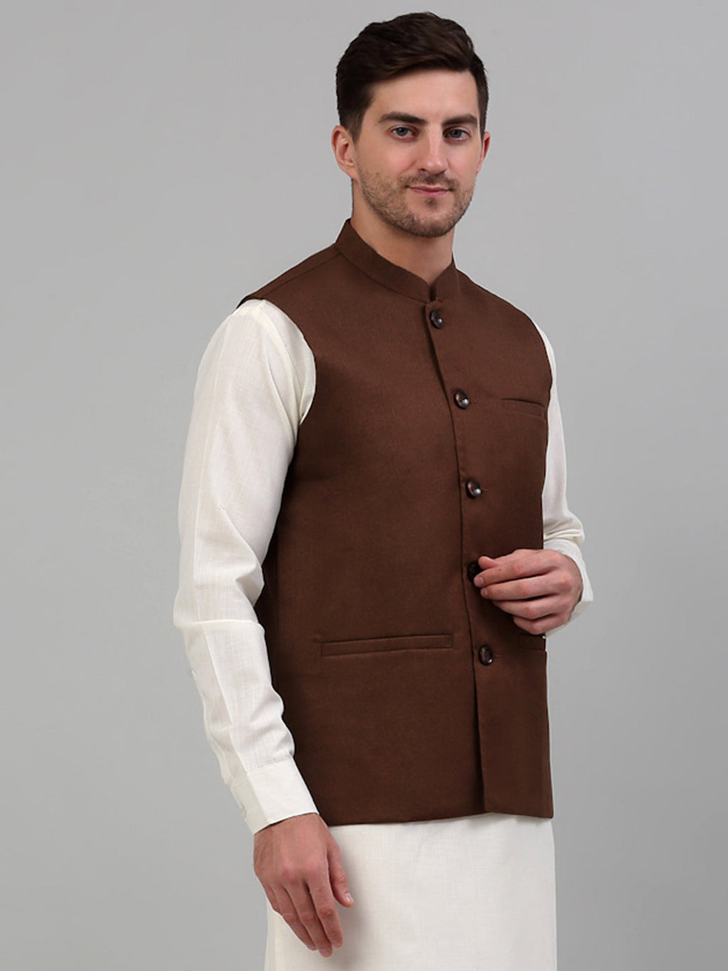 Jompers Men's Brown Solid Nehru Jacket