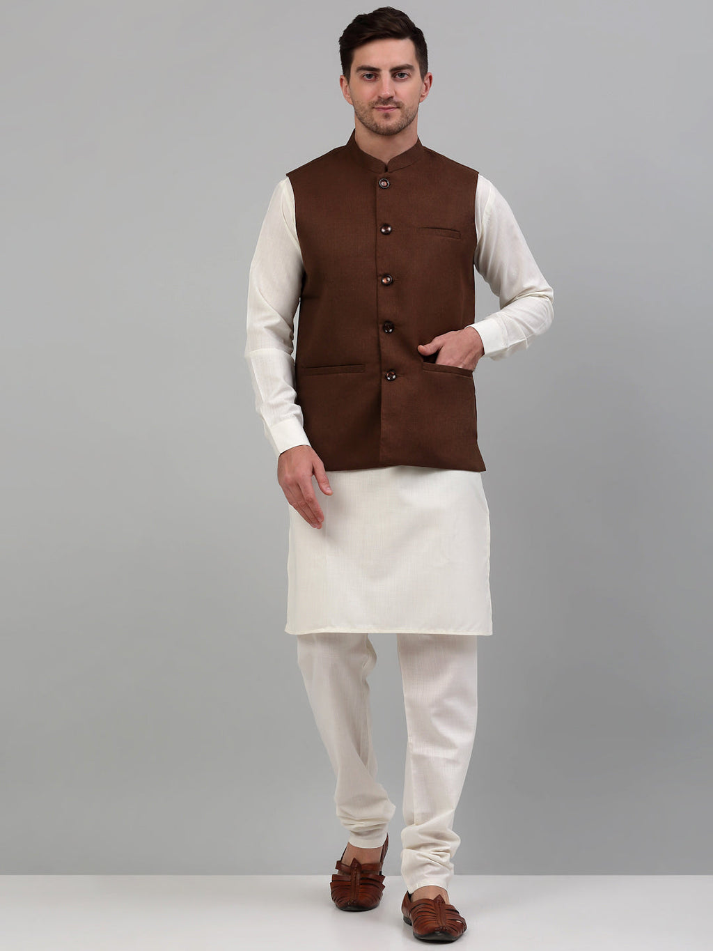 Jompers Men's Brown Solid Nehru Jacket