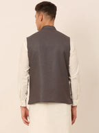 Jompers Men's Charcoal Grey Solid Woven Sleeveless Nehru Jackets