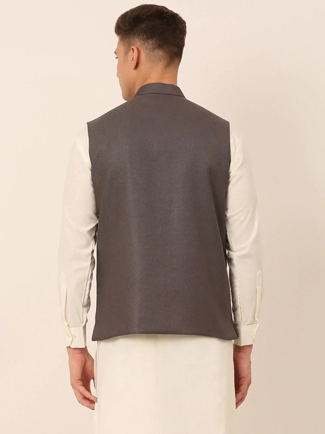 Jompers Men's Charcoal Grey Solid Woven Sleeveless Nehru Jackets