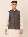 Jompers Men's Charcoal Grey Solid Woven Sleeveless Nehru Jackets