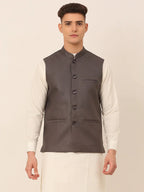 Jompers Men's Charcoal Grey Solid Woven Sleeveless Nehru Jackets