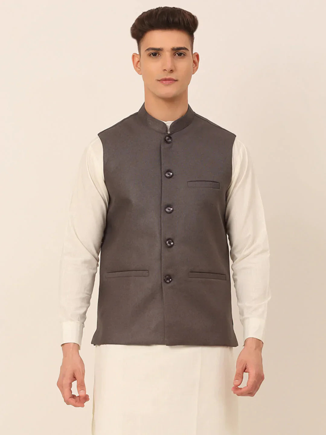 Jompers Men's Charcoal Grey Solid Woven Sleeveless Nehru Jackets
