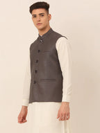 Jompers Men's Charcoal Grey Solid Woven Sleeveless Nehru Jackets