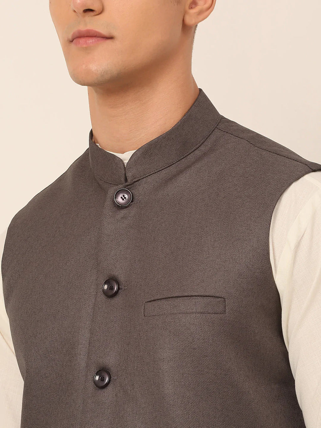 Jompers Men's Charcoal Grey Solid Woven Sleeveless Nehru Jackets