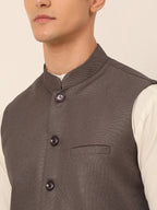 Jompers Men's Charcoal Grey Solid Woven Sleeveless Nehru Jackets