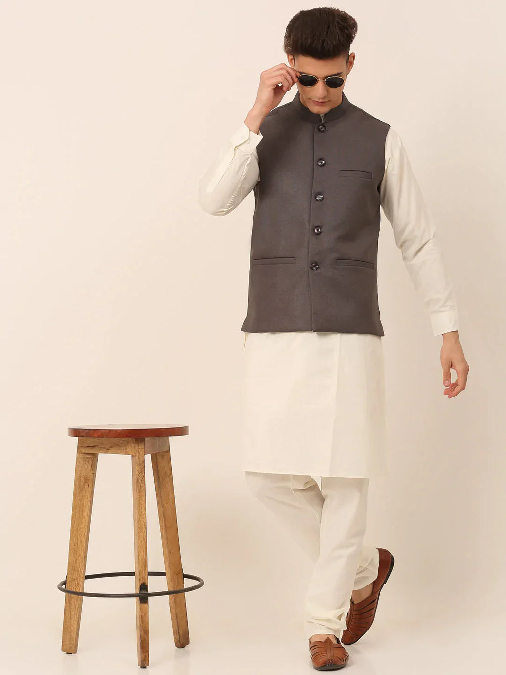 Jompers Men's Charcoal Grey Solid Woven Sleeveless Nehru Jackets