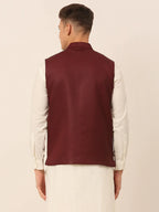 Jompers Men's Maroon Solid Woven Sleeveless Nehru Jackets