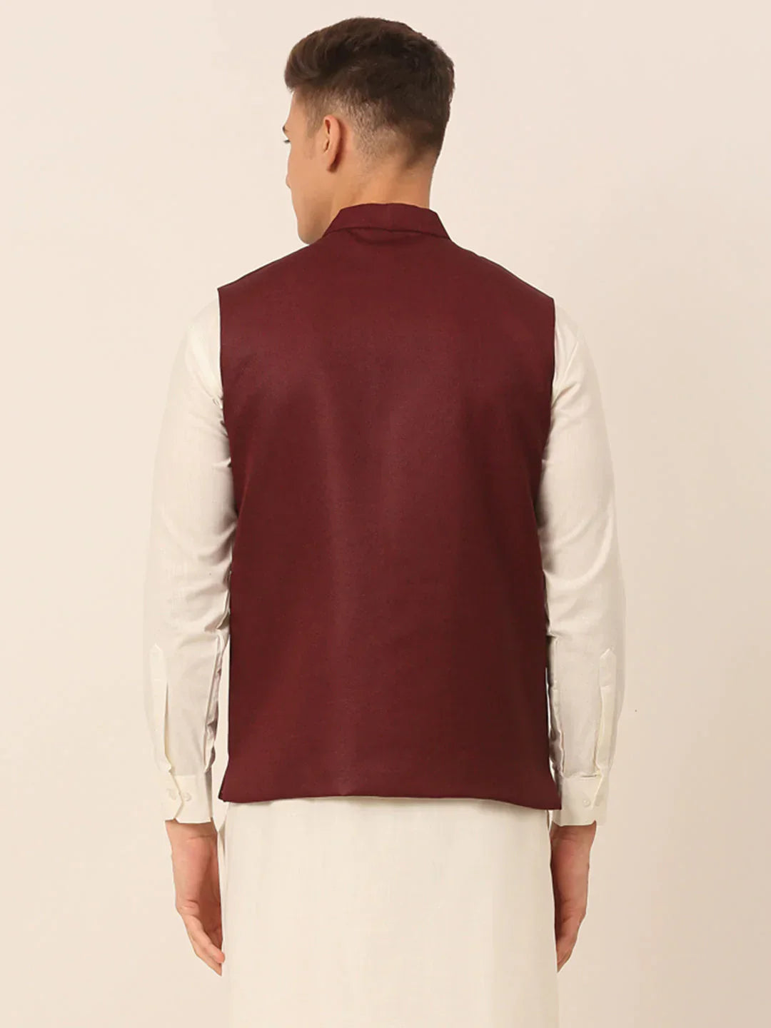 Jompers Men's Maroon Solid Woven Sleeveless Nehru Jackets