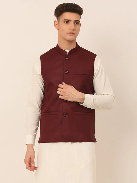 Jompers Men's Maroon Solid Woven Sleeveless Nehru Jackets