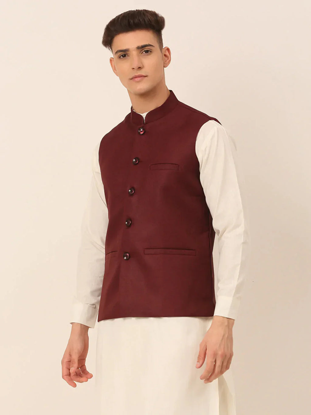 Jompers Men's Maroon Solid Woven Sleeveless Nehru Jackets