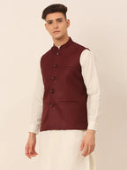 Jompers Men's Maroon Solid Woven Sleeveless Nehru Jackets