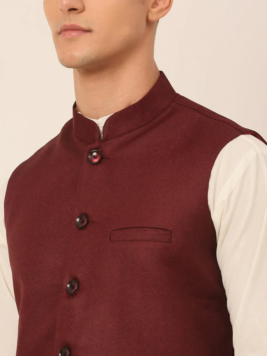 Jompers Men's Maroon Solid Woven Sleeveless Nehru Jackets