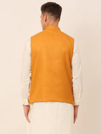 Jompers Men's Mustard Solid Woven Sleeveless Nehru Jackets
