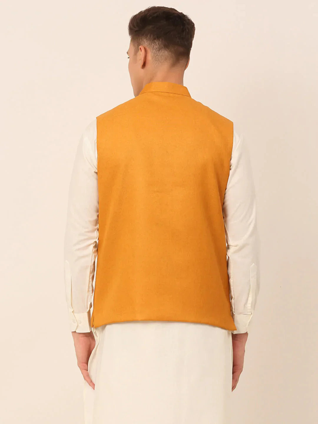 Jompers Men's Mustard Solid Woven Sleeveless Nehru Jackets