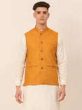 Jompers Men's Mustard Solid Woven Sleeveless Nehru Jackets