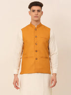 Jompers Men's Mustard Solid Woven Sleeveless Nehru Jackets