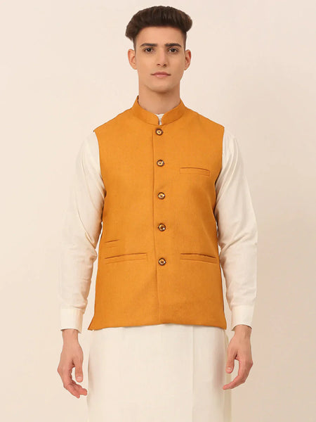 Jompers Men's Mustard Solid Woven Sleeveless Nehru Jackets