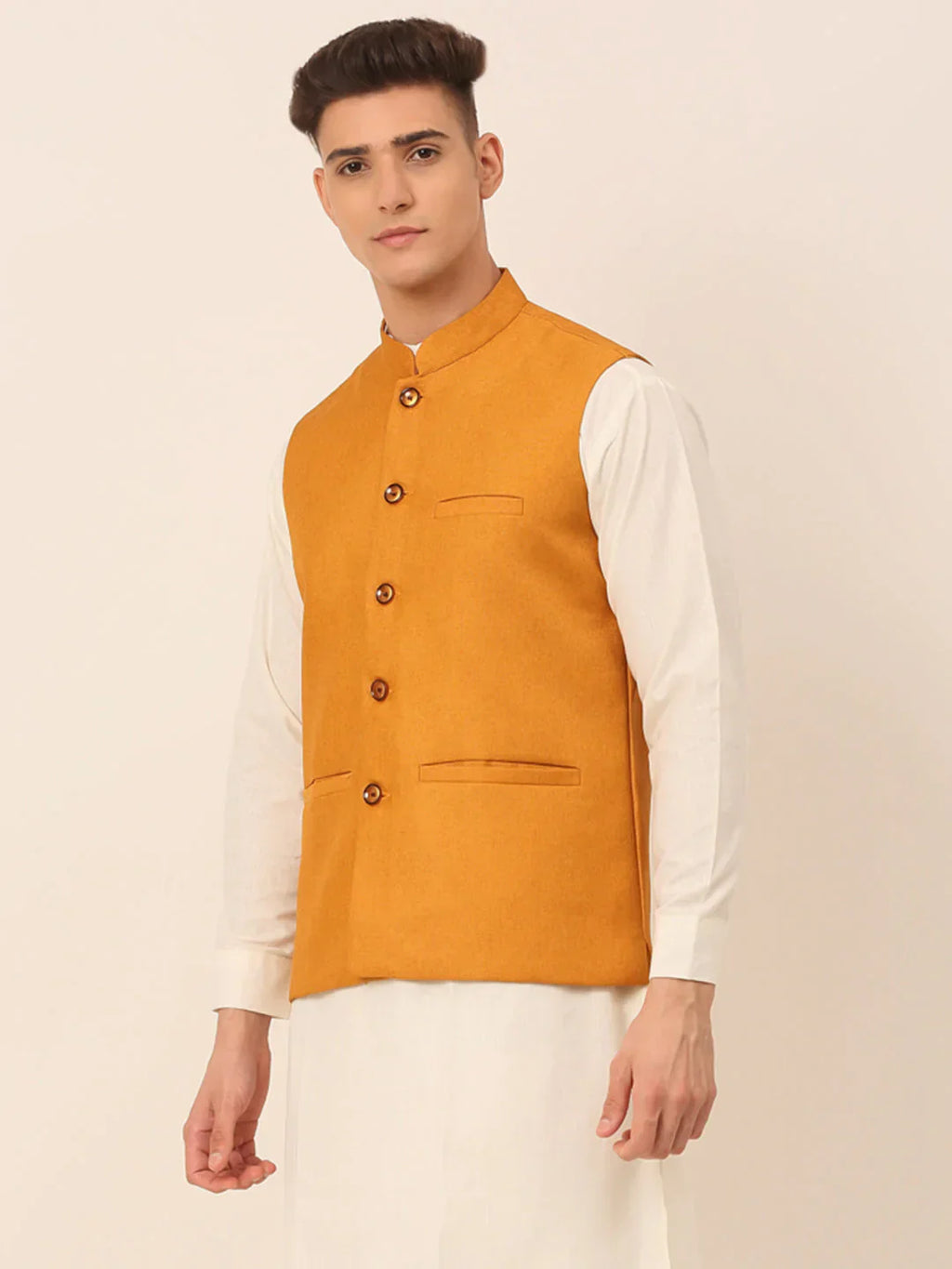 Jompers Men's Mustard Solid Woven Sleeveless Nehru Jackets
