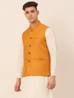 Jompers Men's Mustard Solid Woven Sleeveless Nehru Jackets