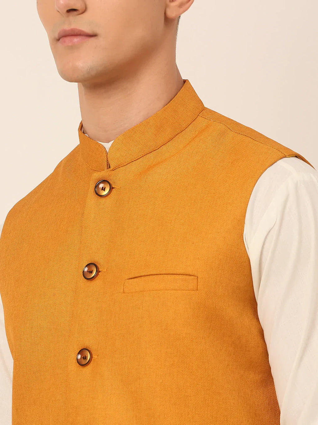 Jompers Men's Mustard Solid Woven Sleeveless Nehru Jackets