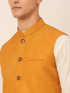 Jompers Men's Mustard Solid Woven Sleeveless Nehru Jackets