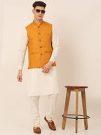 Jompers Men's Mustard Solid Woven Sleeveless Nehru Jackets