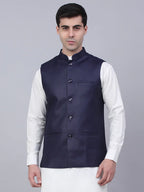 Jompers Men's Navy Blue Solid Woven Sleeveless Nehru Jackets