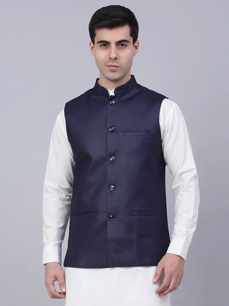 Jompers Men's Navy Blue Solid Woven Sleeveless Nehru Jackets