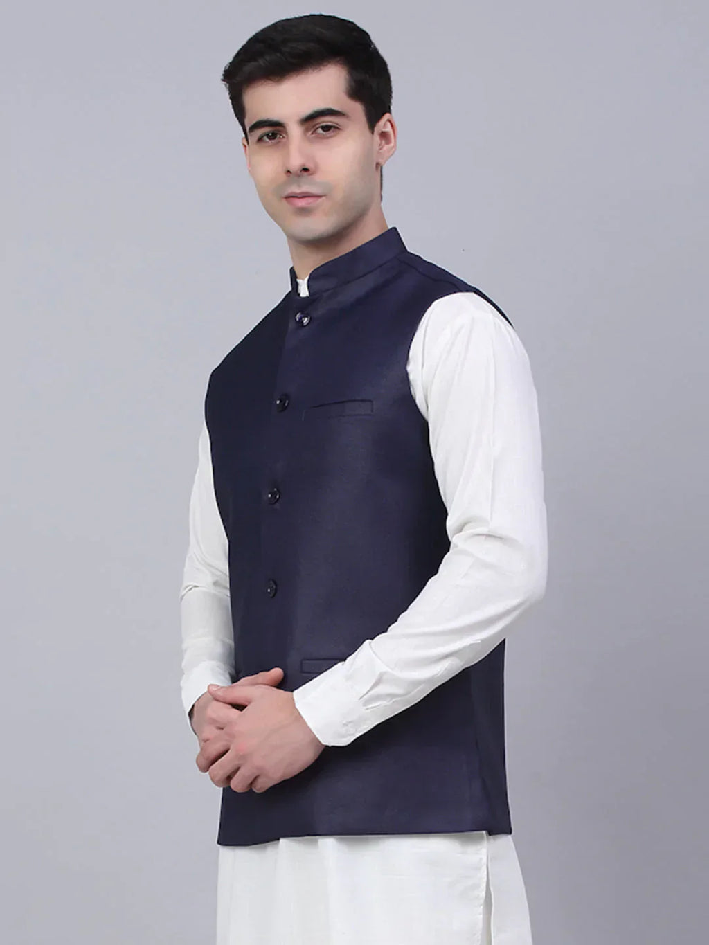Jompers Men's Navy Blue Solid Woven Sleeveless Nehru Jackets