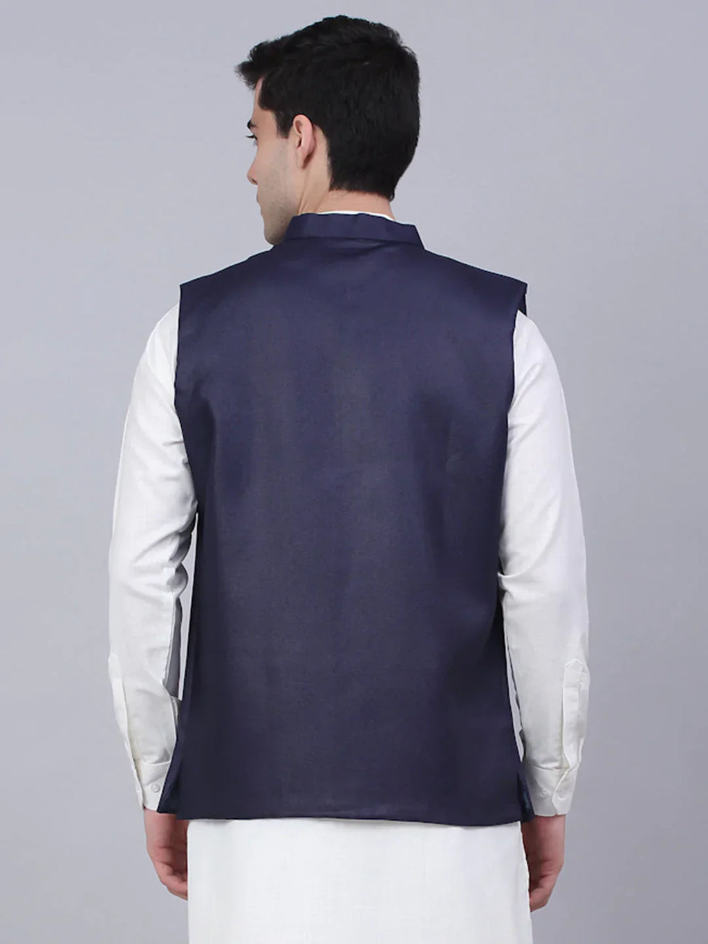 Jompers Men's Navy Blue Solid Woven Sleeveless Nehru Jackets