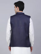 Jompers Men's Navy Blue Solid Woven Sleeveless Nehru Jackets