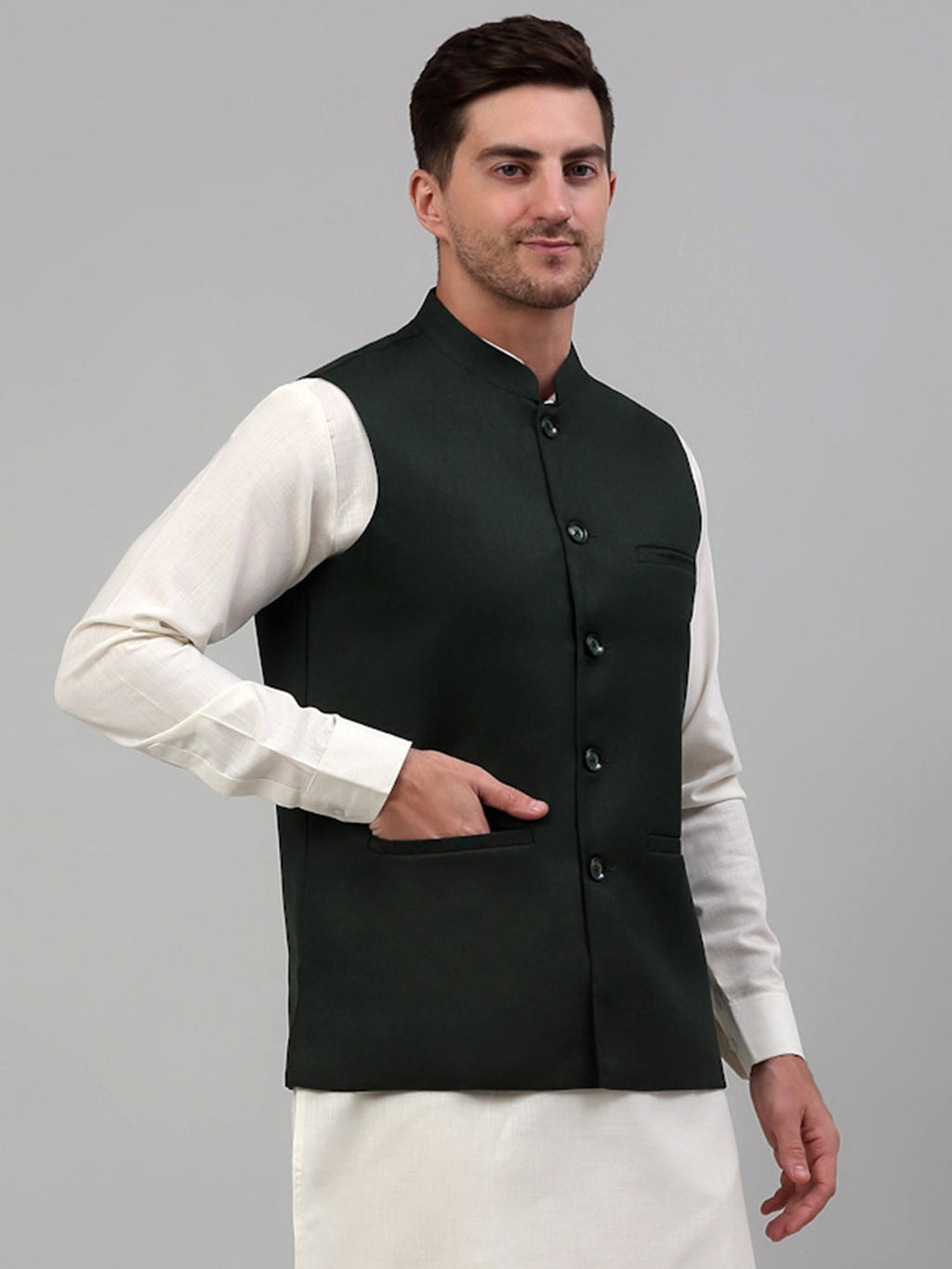 Jompers Men's Olive Green Solid Nehru Jacket