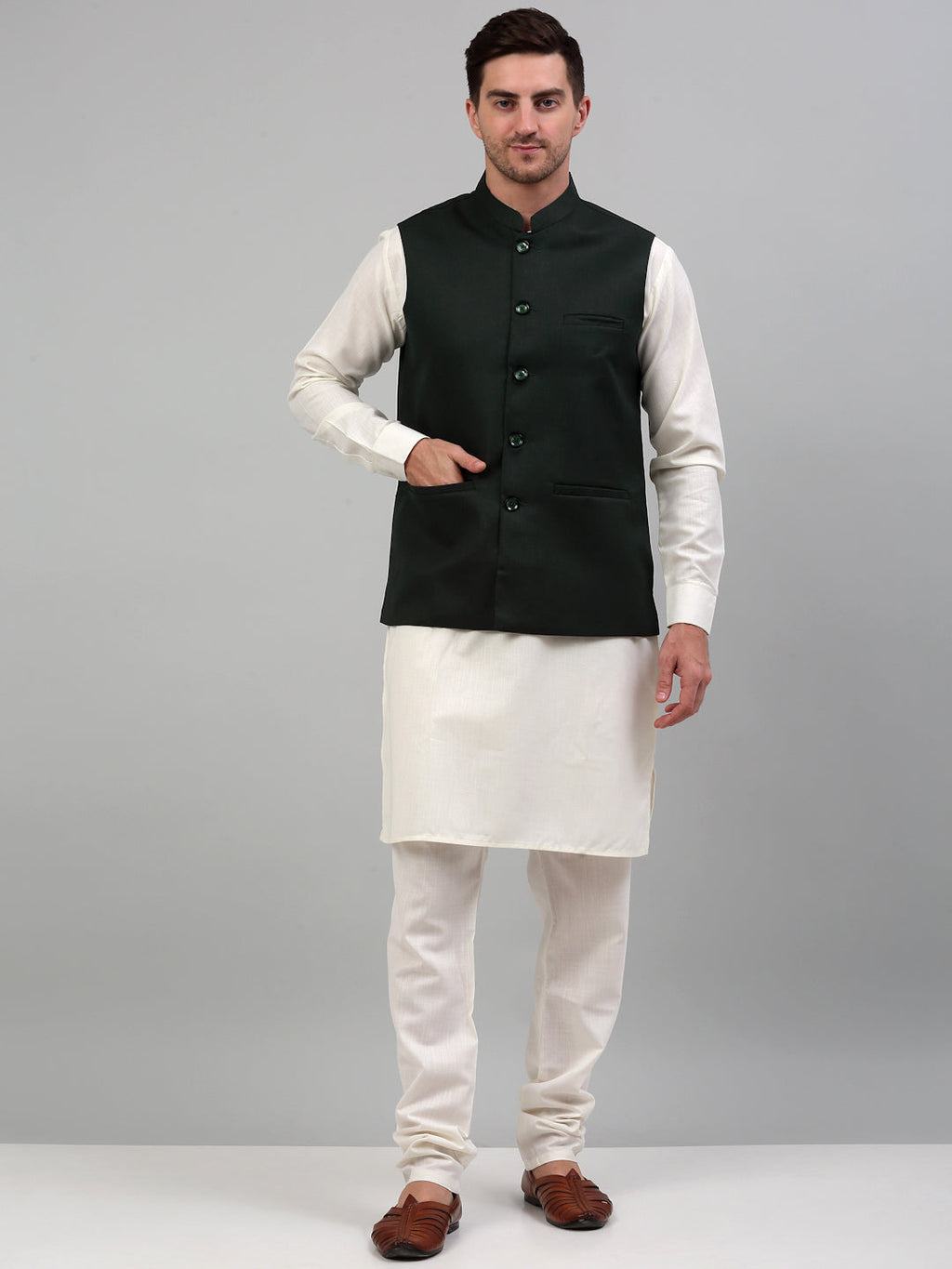 Jompers Men's Olive Green Solid Nehru Jacket