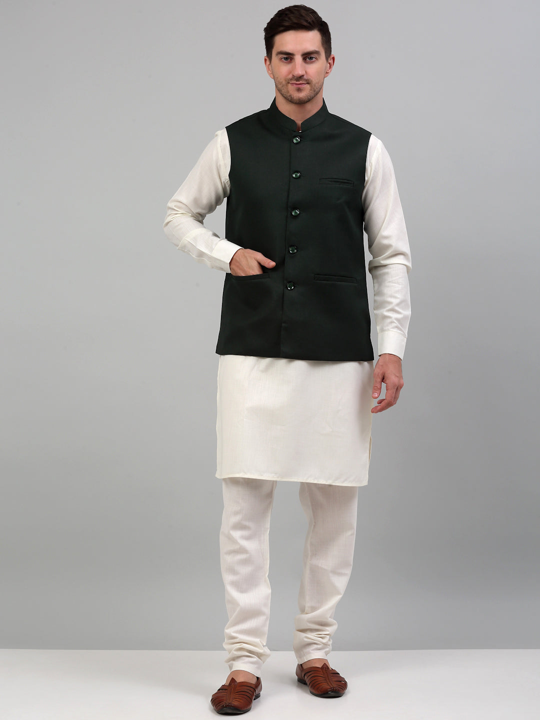 Jompers Men's Olive Green Solid Nehru Jacket