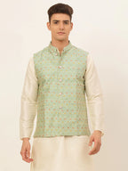 Jompers Men's Green Embroidered Nehru Jacket