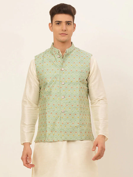 Jompers Men's Green Embroidered Nehru Jacket
