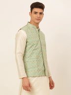 Jompers Men's Green Embroidered Nehru Jacket