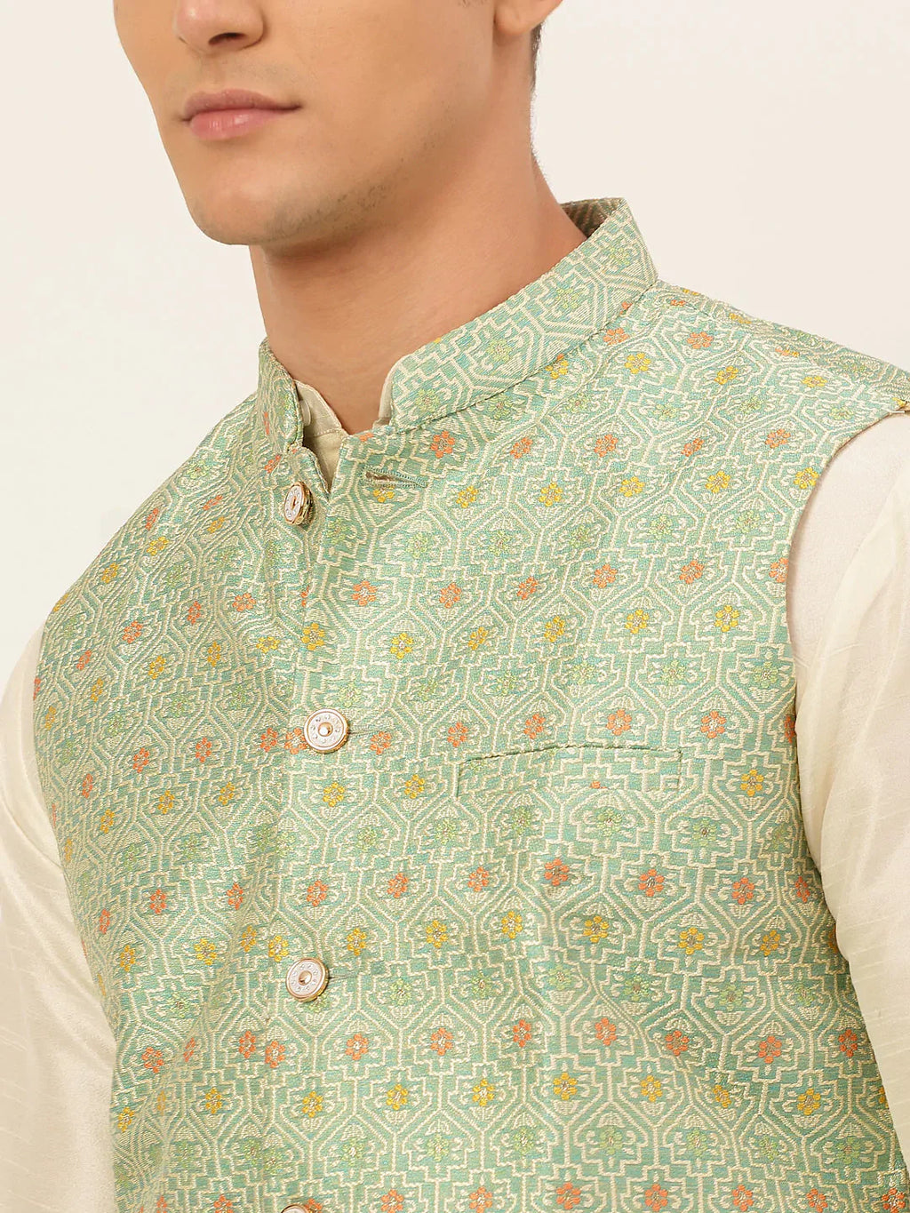 Jompers Men's Green Embroidered Nehru Jacket