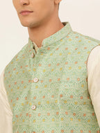 Jompers Men's Green Embroidered Nehru Jacket