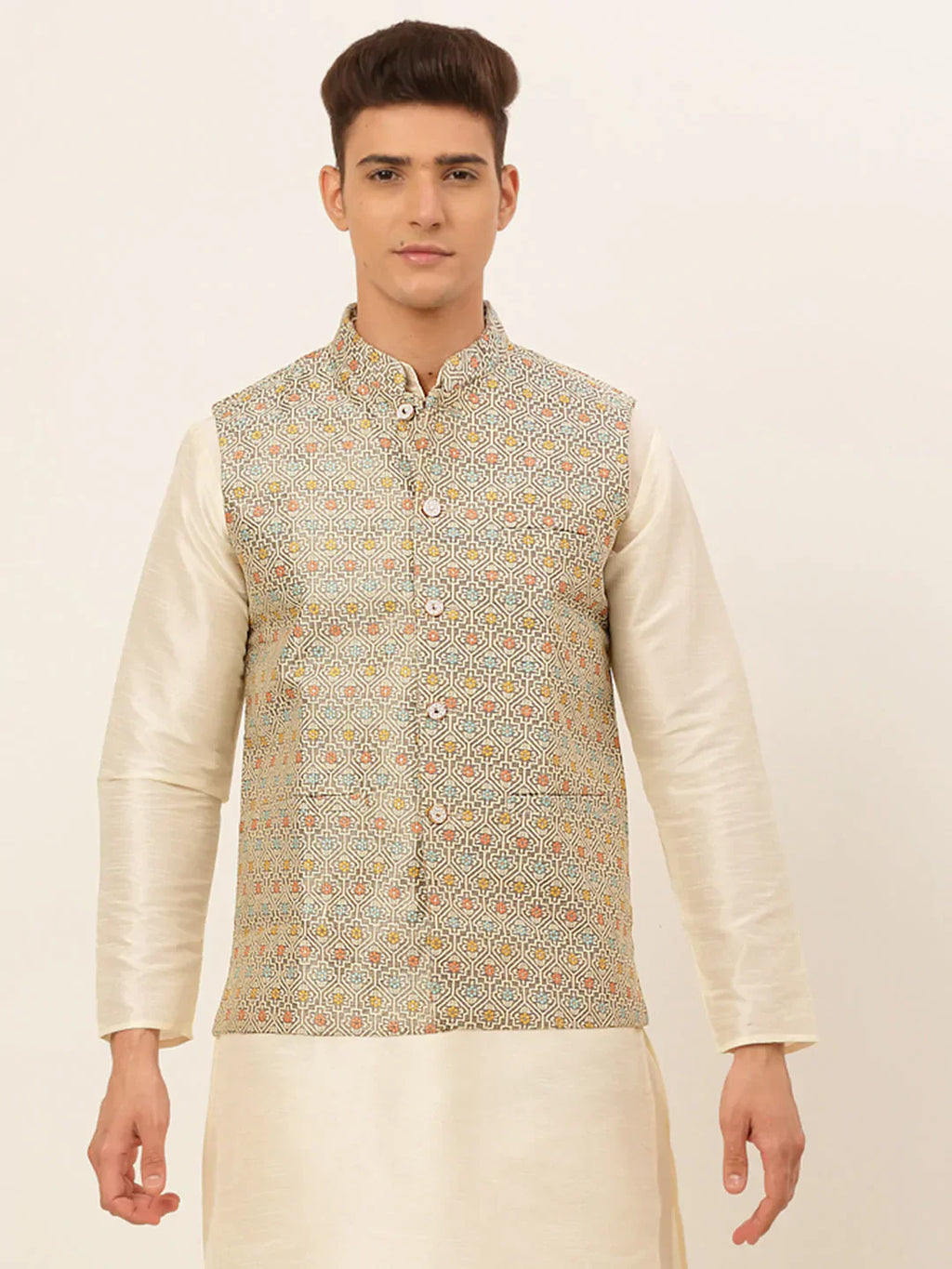 Jompers Men's Grey Embroidered Nehru Jacket