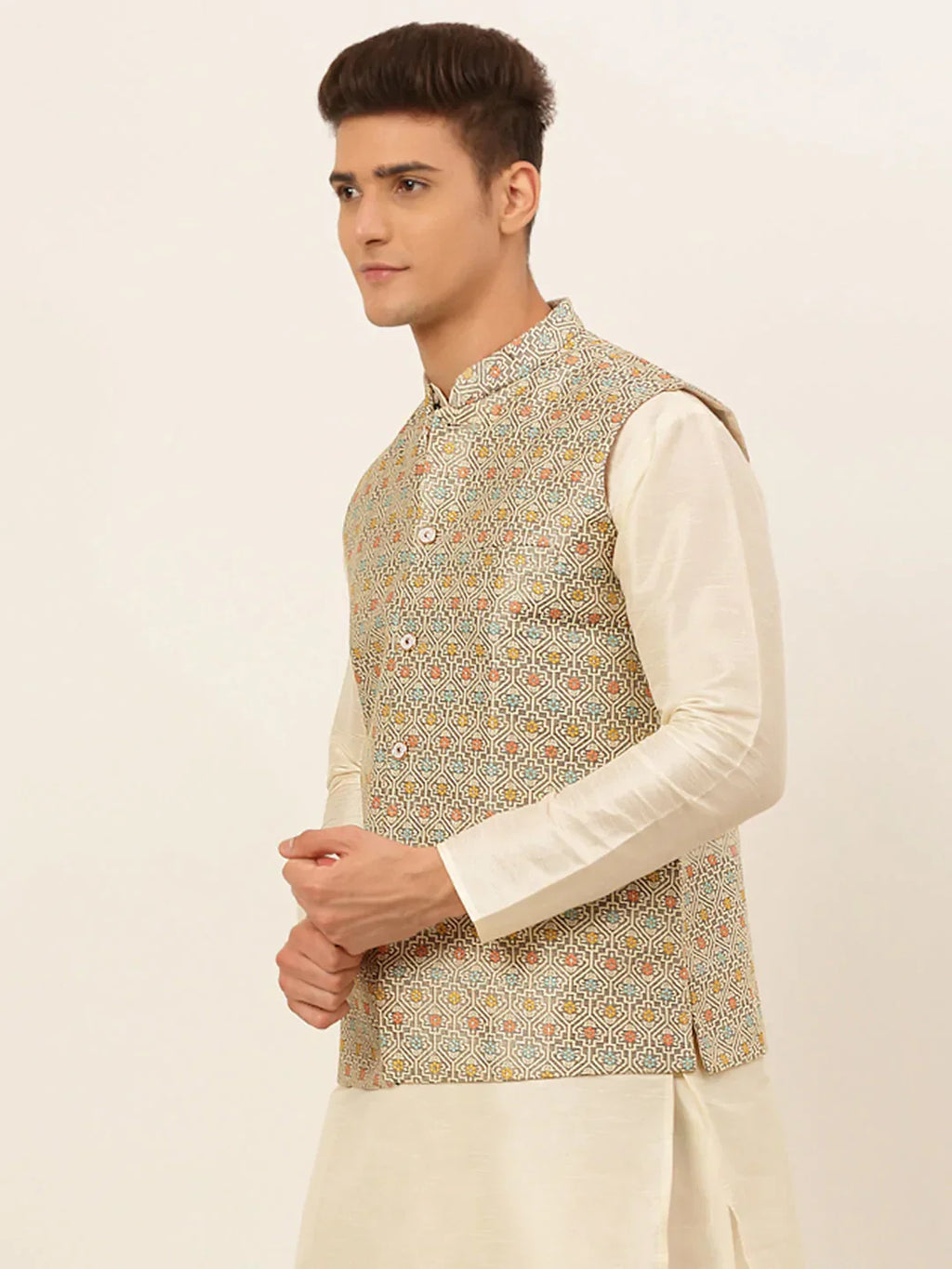 Jompers Men's Grey Embroidered Nehru Jacket