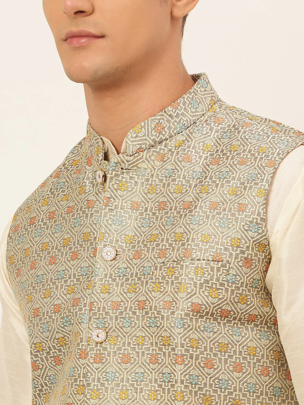 Jompers Men's Grey Embroidered Nehru Jacket
