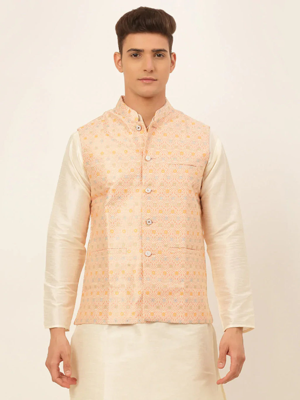 Jompers Men's Pink Embroidered Nehru Jacket