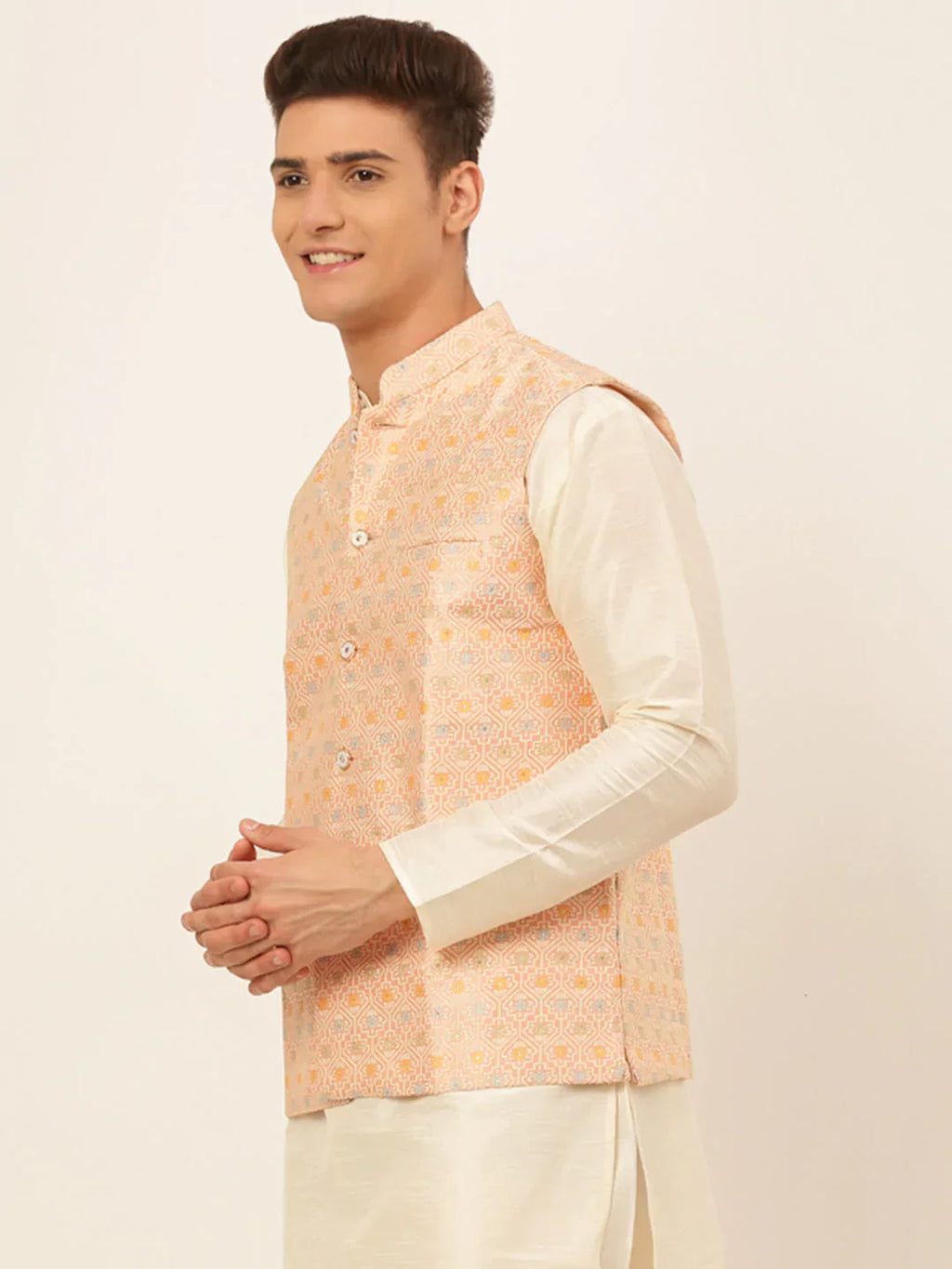 Jompers Men's Pink Embroidered Nehru Jacket