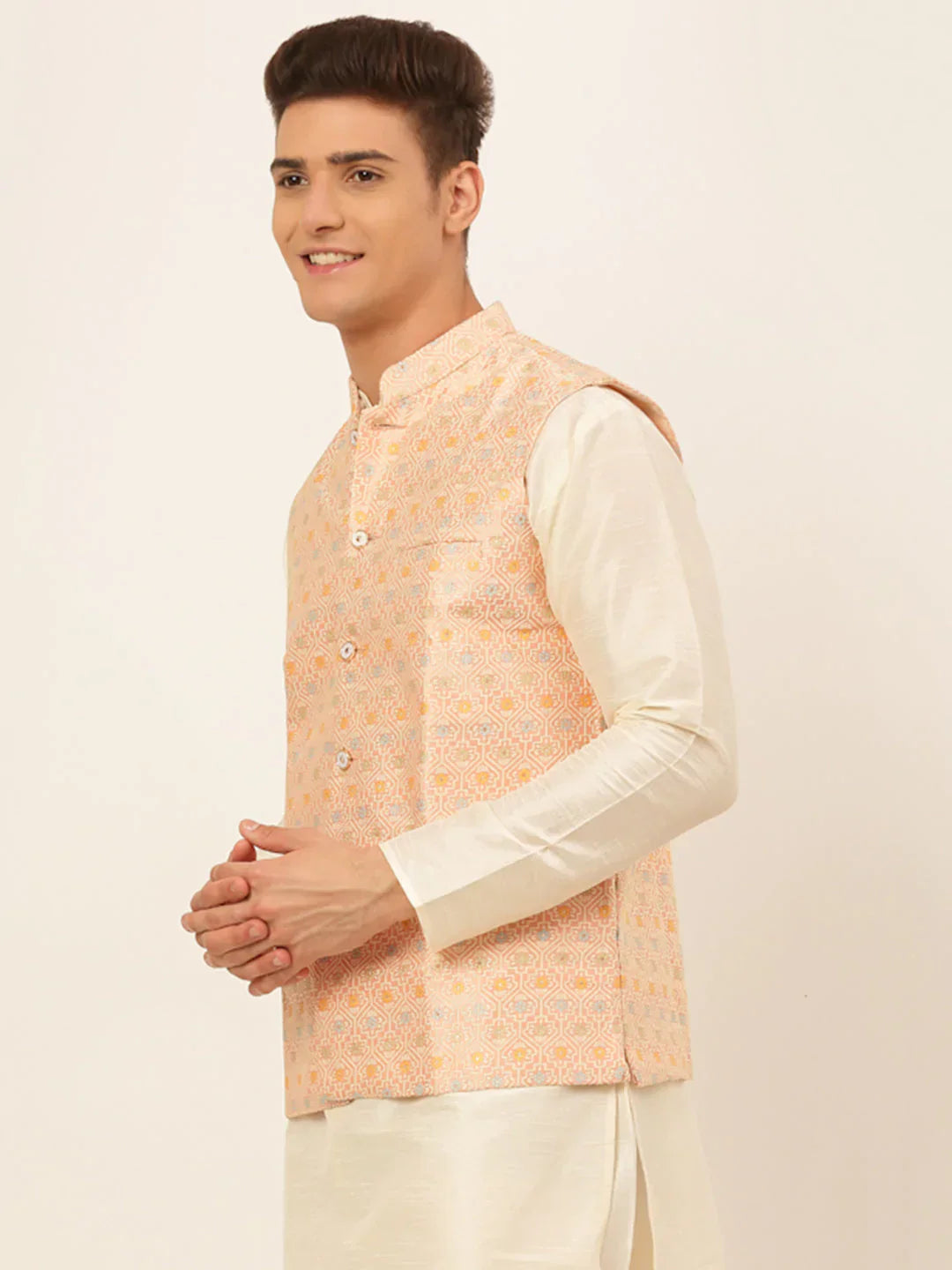 Jompers Men's Pink Embroidered Nehru Jacket