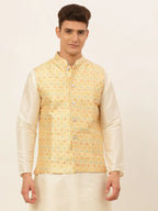 Jompers Men's Yellow Embroidered Nehru Jacket